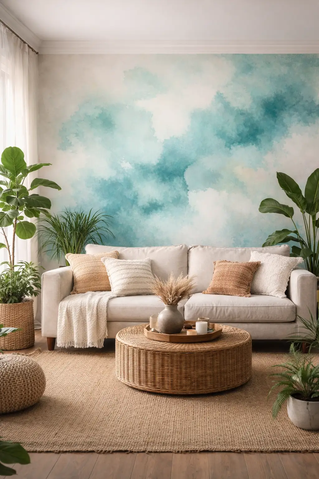 Pared efecto acuarela en la sala