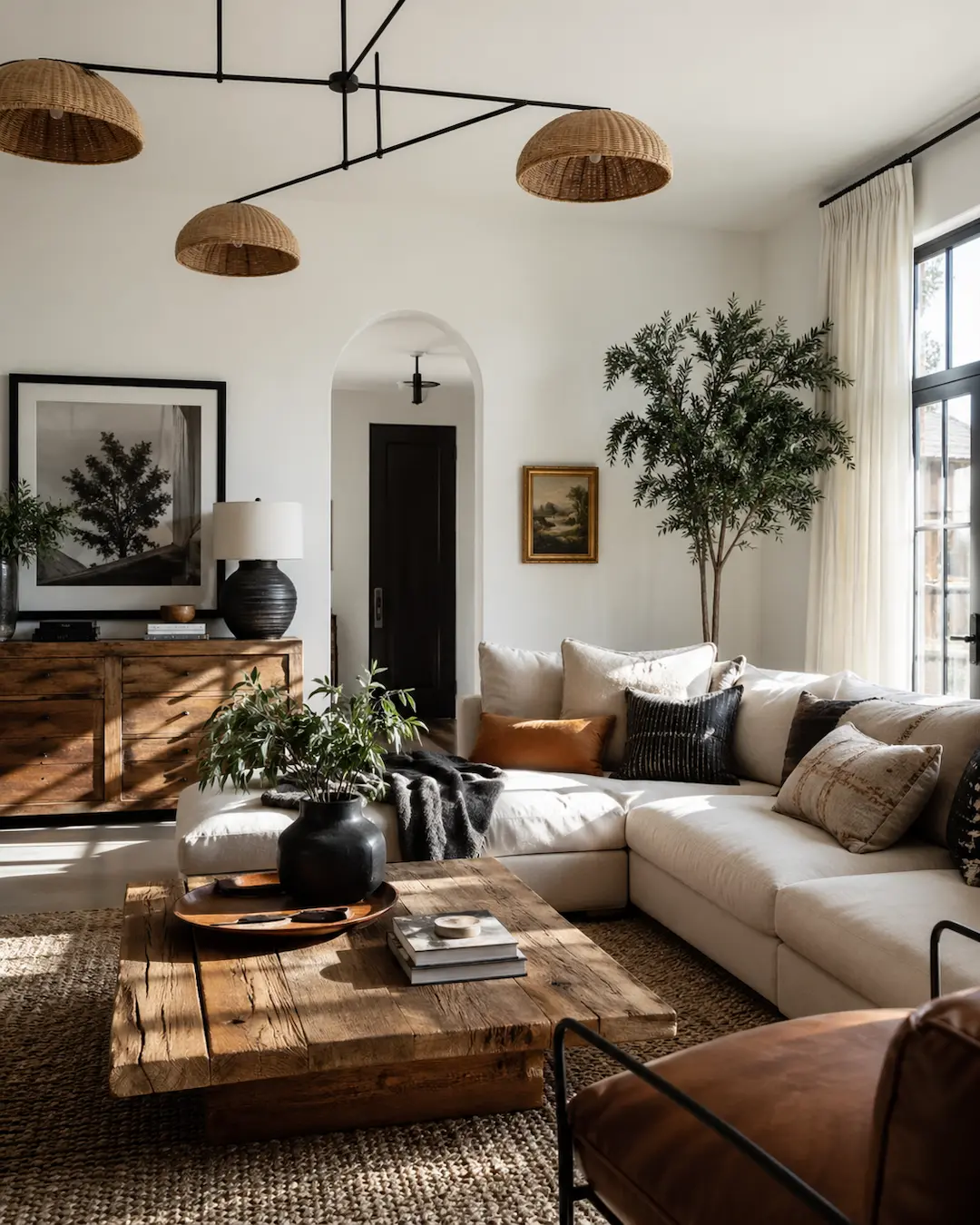 Salón rústico con paredes blancas