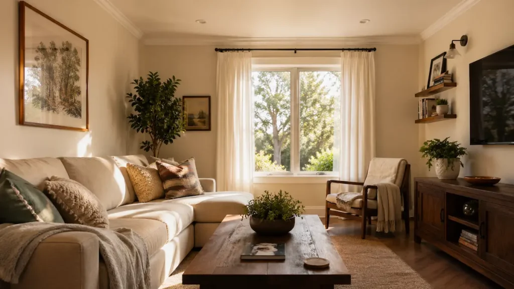 Salón pequeño contemporáneo con paredes arena