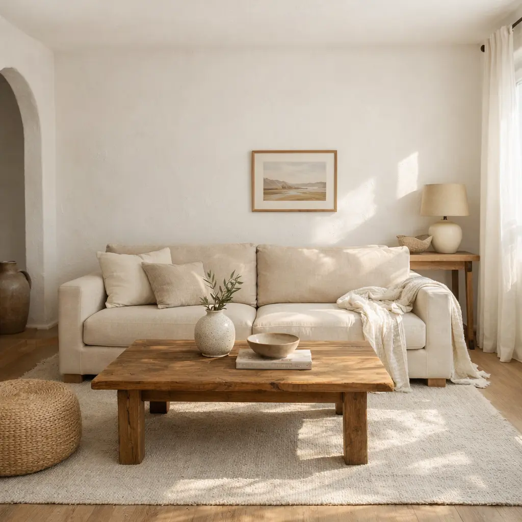 Salón estilo mediterráneo en blanco y madera