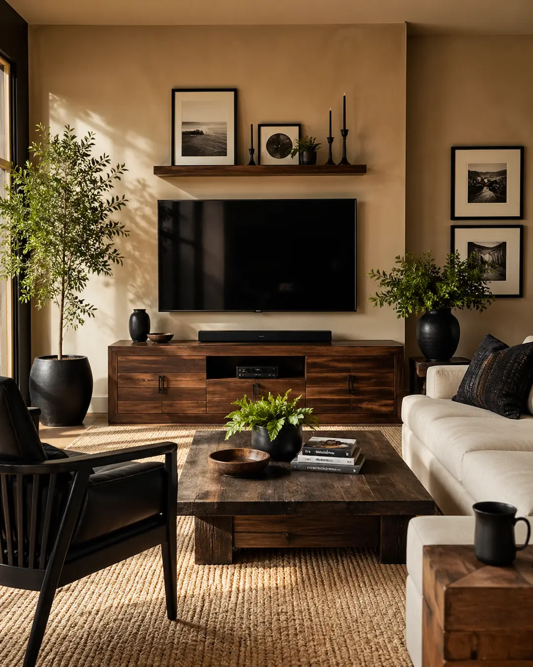 Salón pequeño con paredes arena y muebles de madera natural