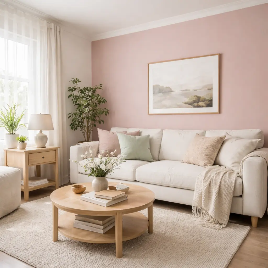 Sala con pared en rosa pastel