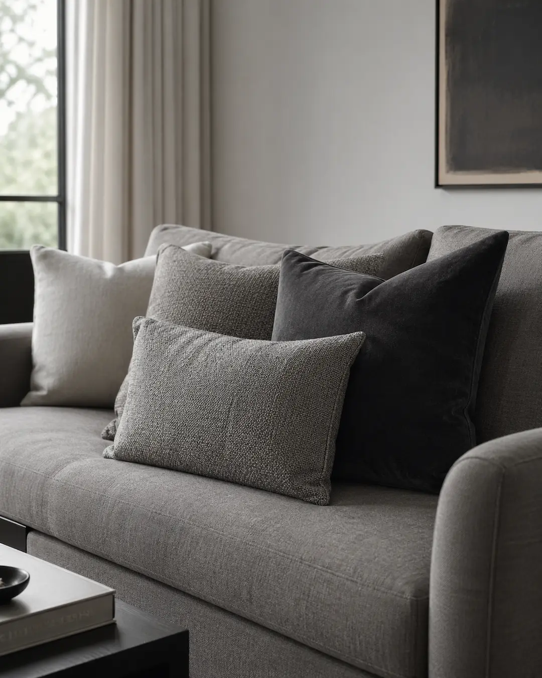 Cojines en tonos neutros para un sofá gris