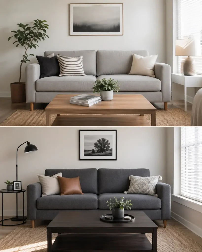 Cojines para decorar un sofá gris