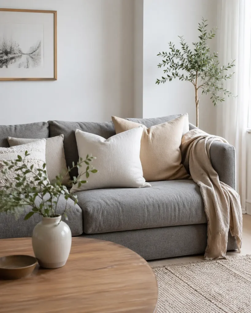 Sofá gris con cojines en tonos claros
