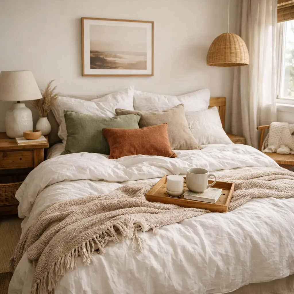 Textiles en dormitorio blanco y madera natural