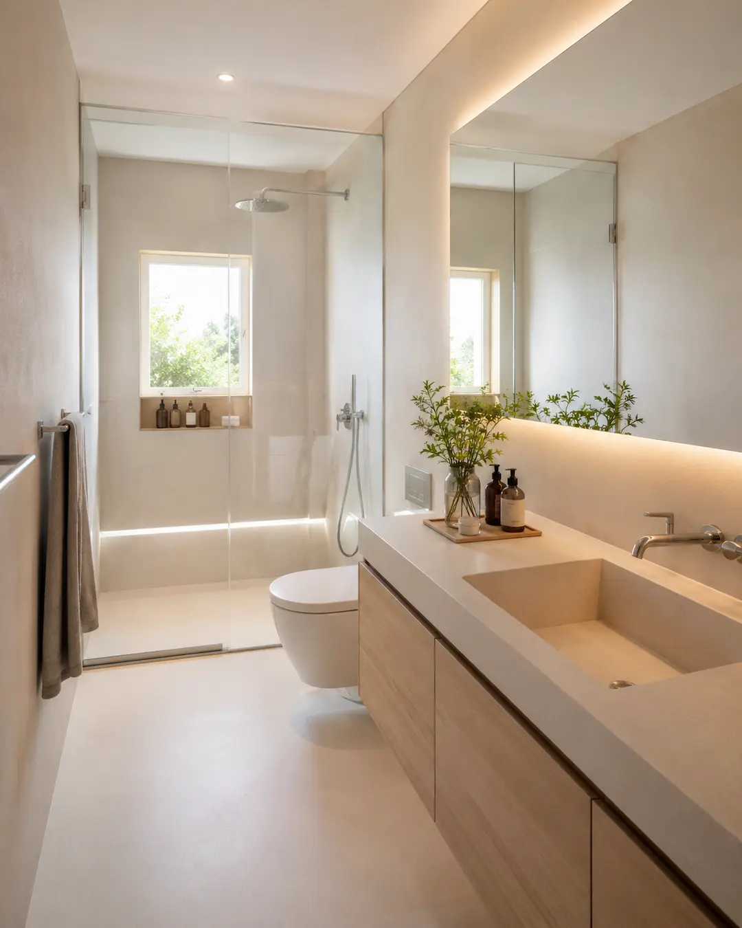 Baño rectangular pequeño con mucha luz natural