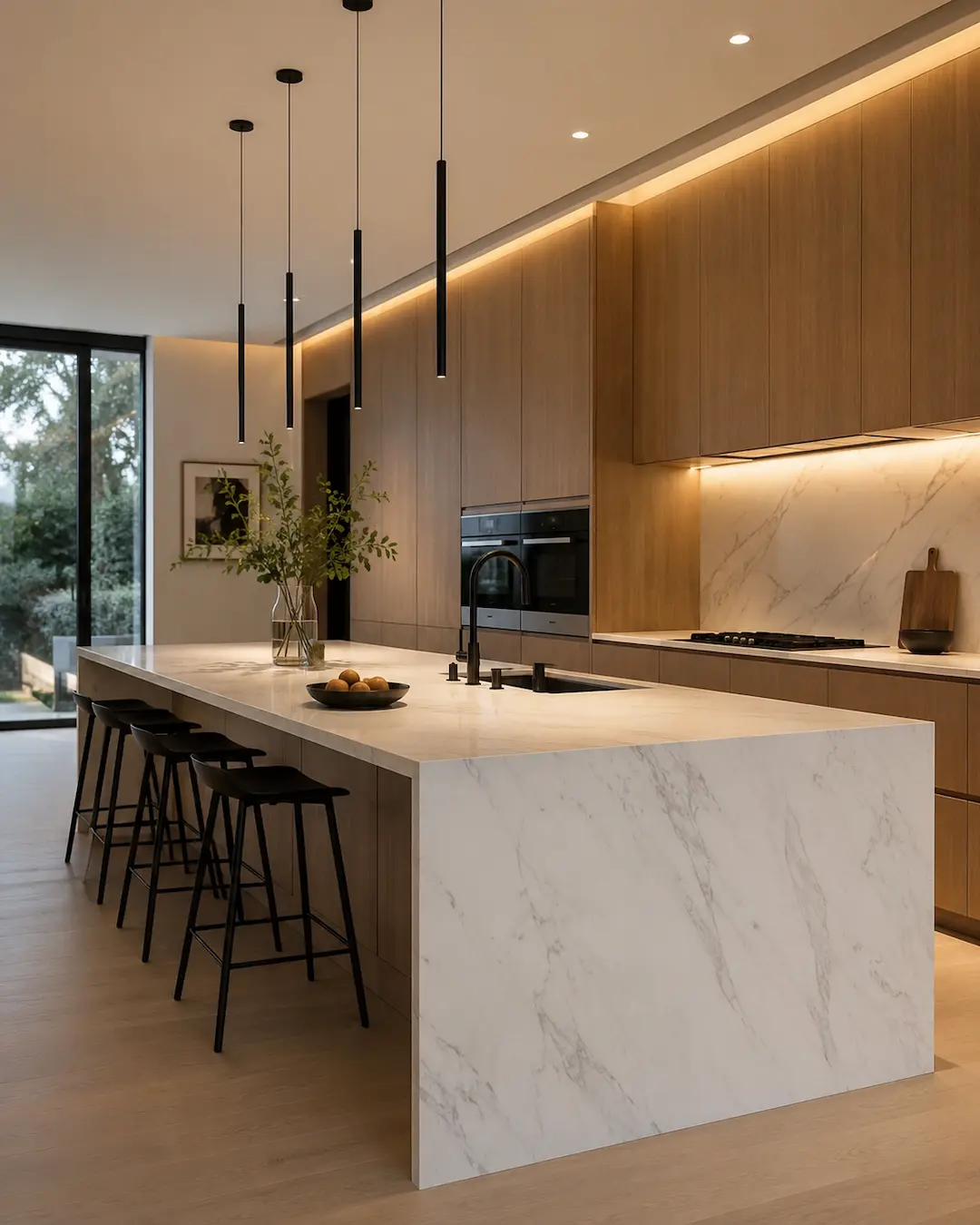 Cocina moderna en madera clara y mármol blanco