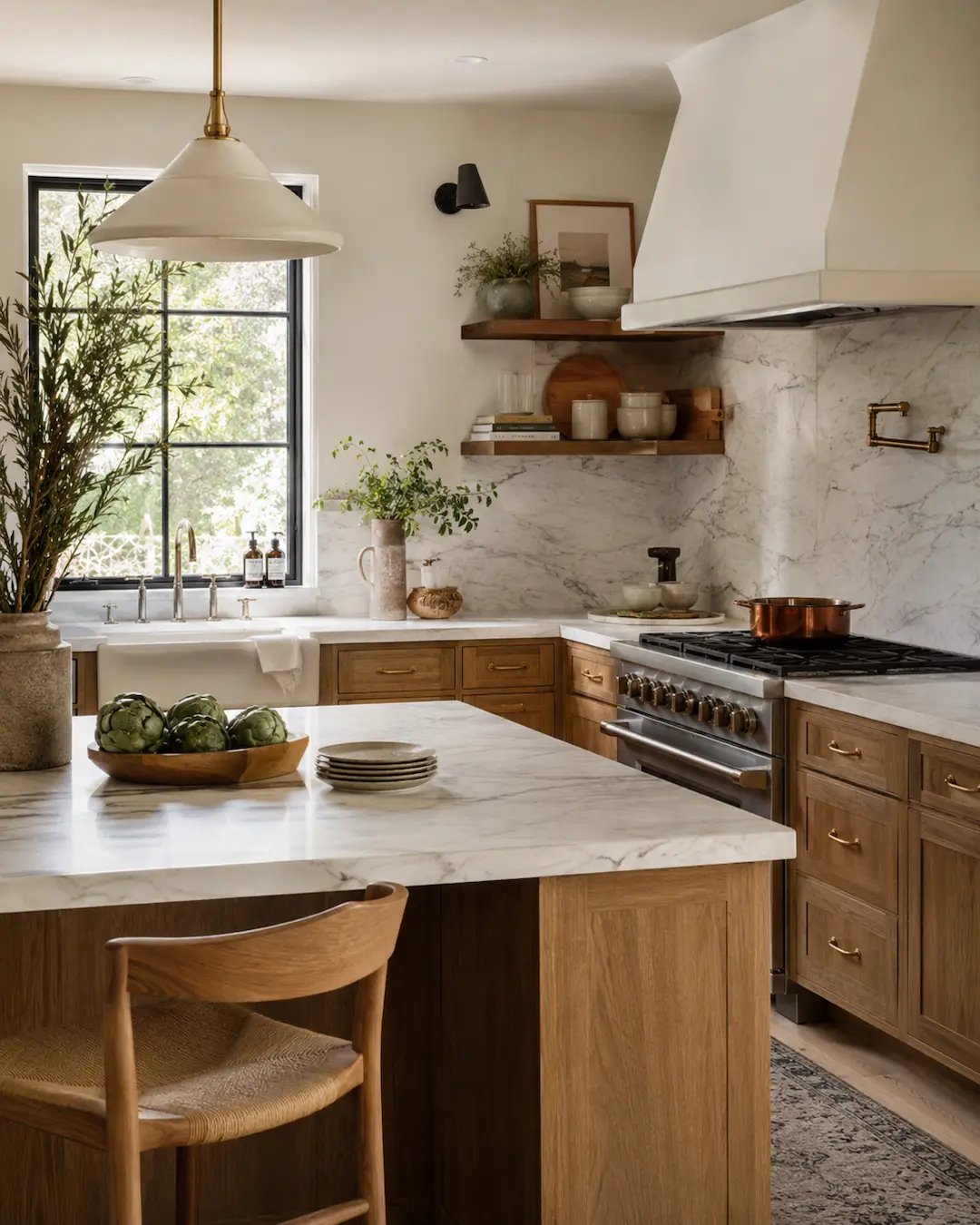 Cocina en mármol blanco y madera, combinación perfecta