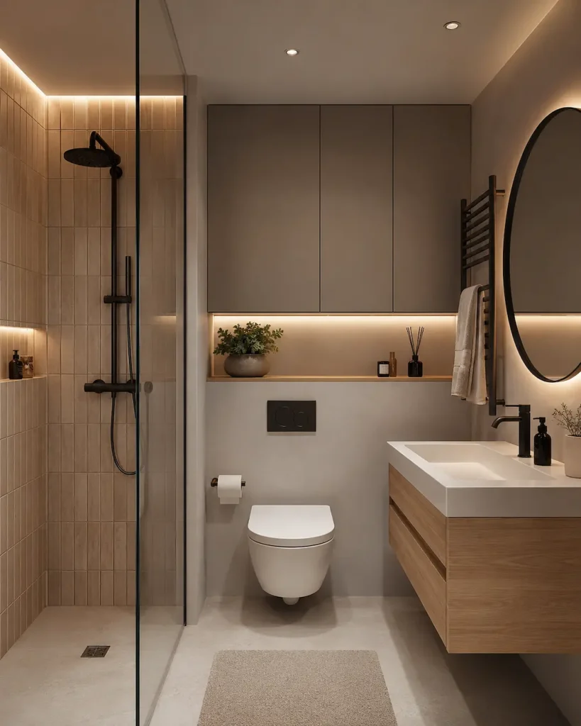 Baño rectangular pequeño bien distribuido