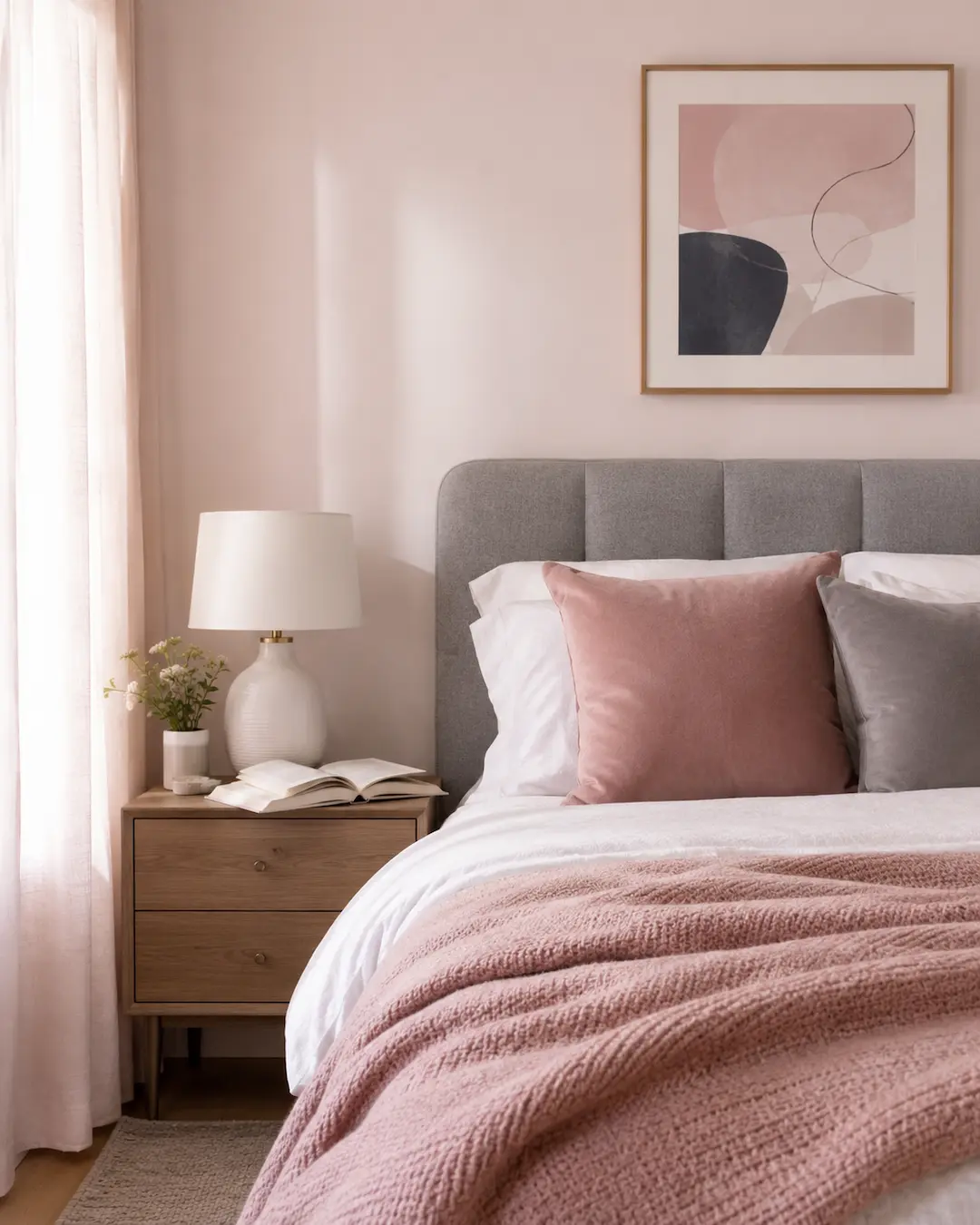 Dormitorio en gris y rosa