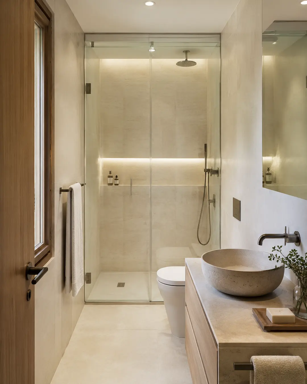 Ducha con mampara en baño rectangular pequeño