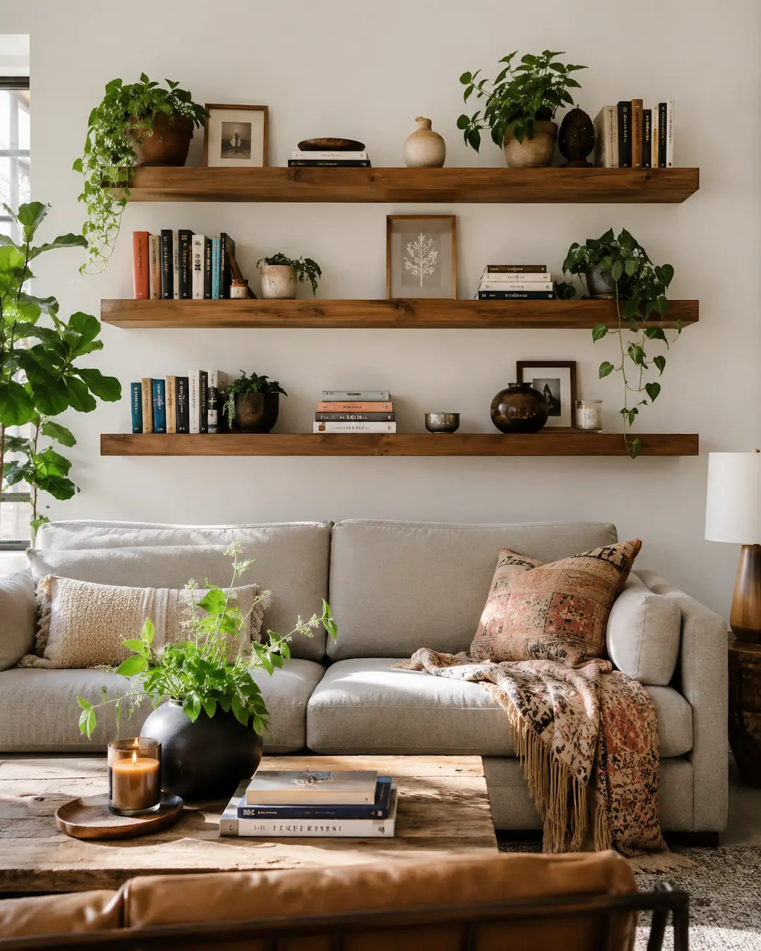 Decorar la pared encima del sofá con estantes o baldas