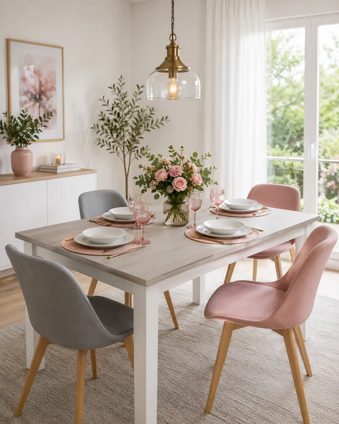 Rosa y gris en el comedor