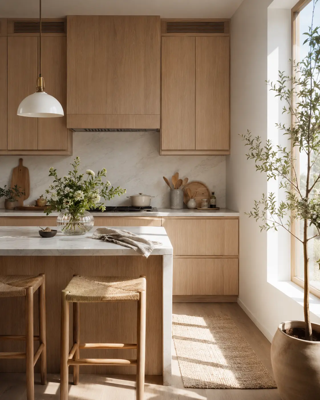 Cocina madera clara y mármol blanco