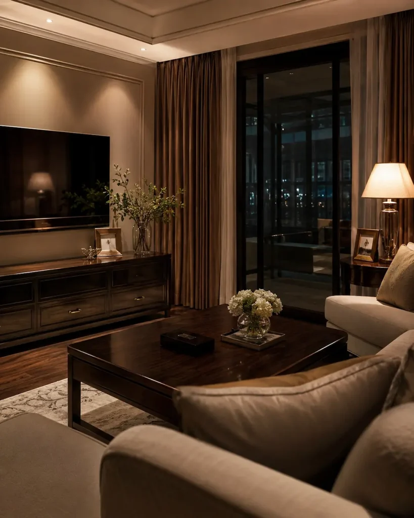 Iluminación en salón con muebles de madera oscura