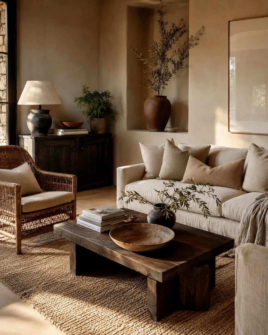 Muebles de madera oscura y combinación de texturas