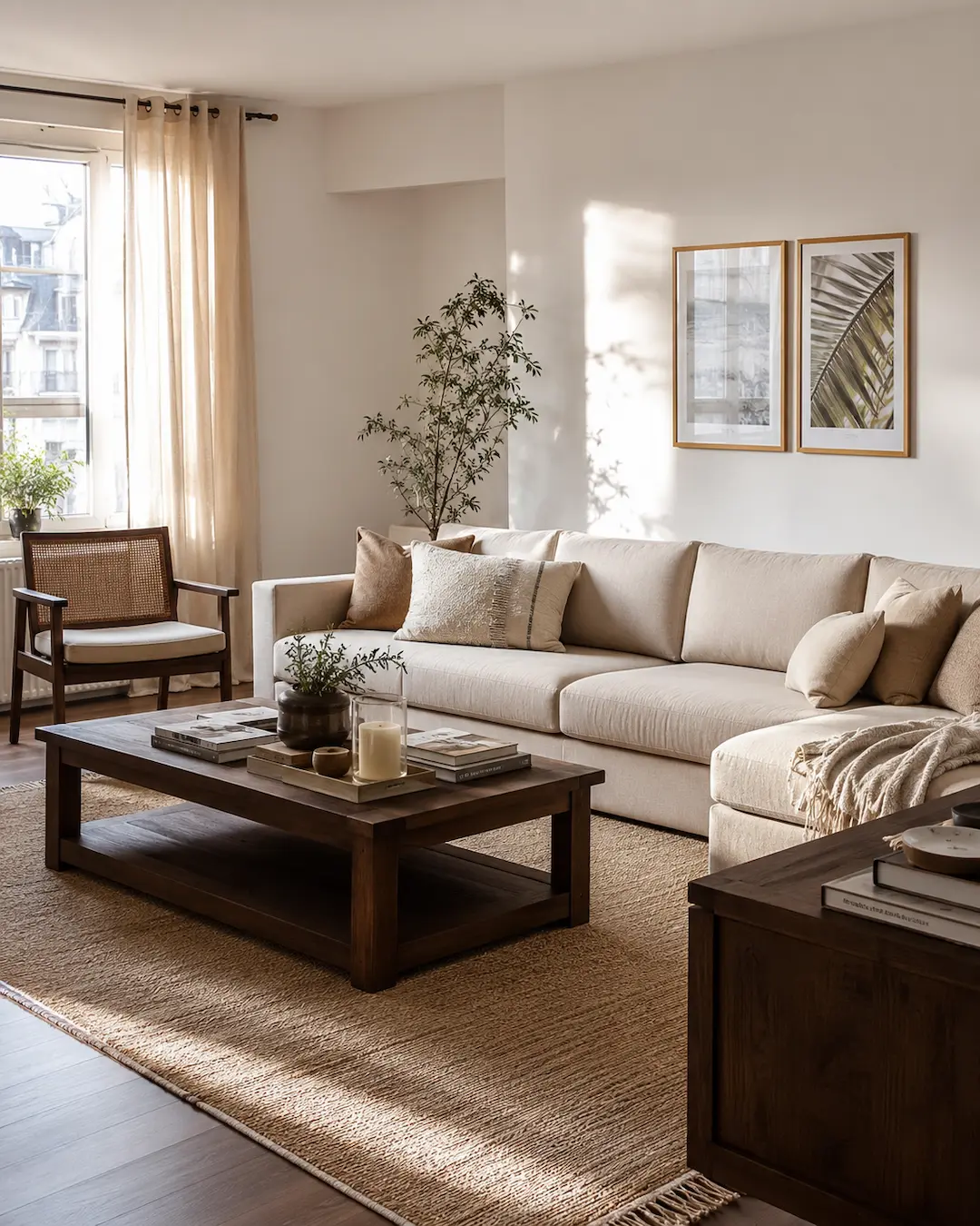 Combinación de muebles de madera oscura y paredes y textiles claros