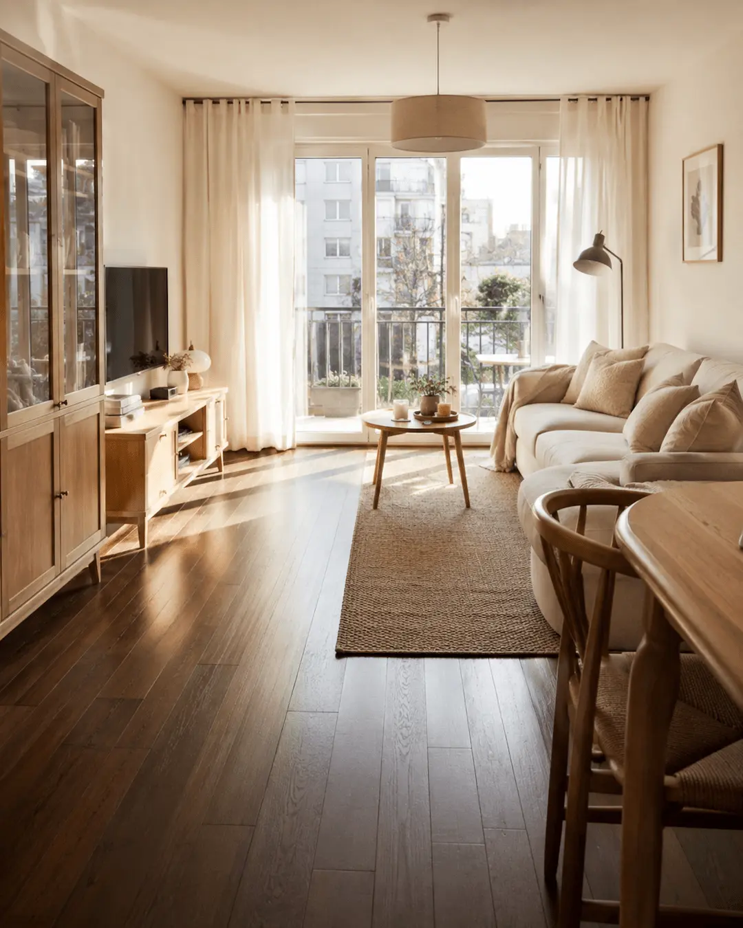 Muebles claros en salón con suelo oscuro