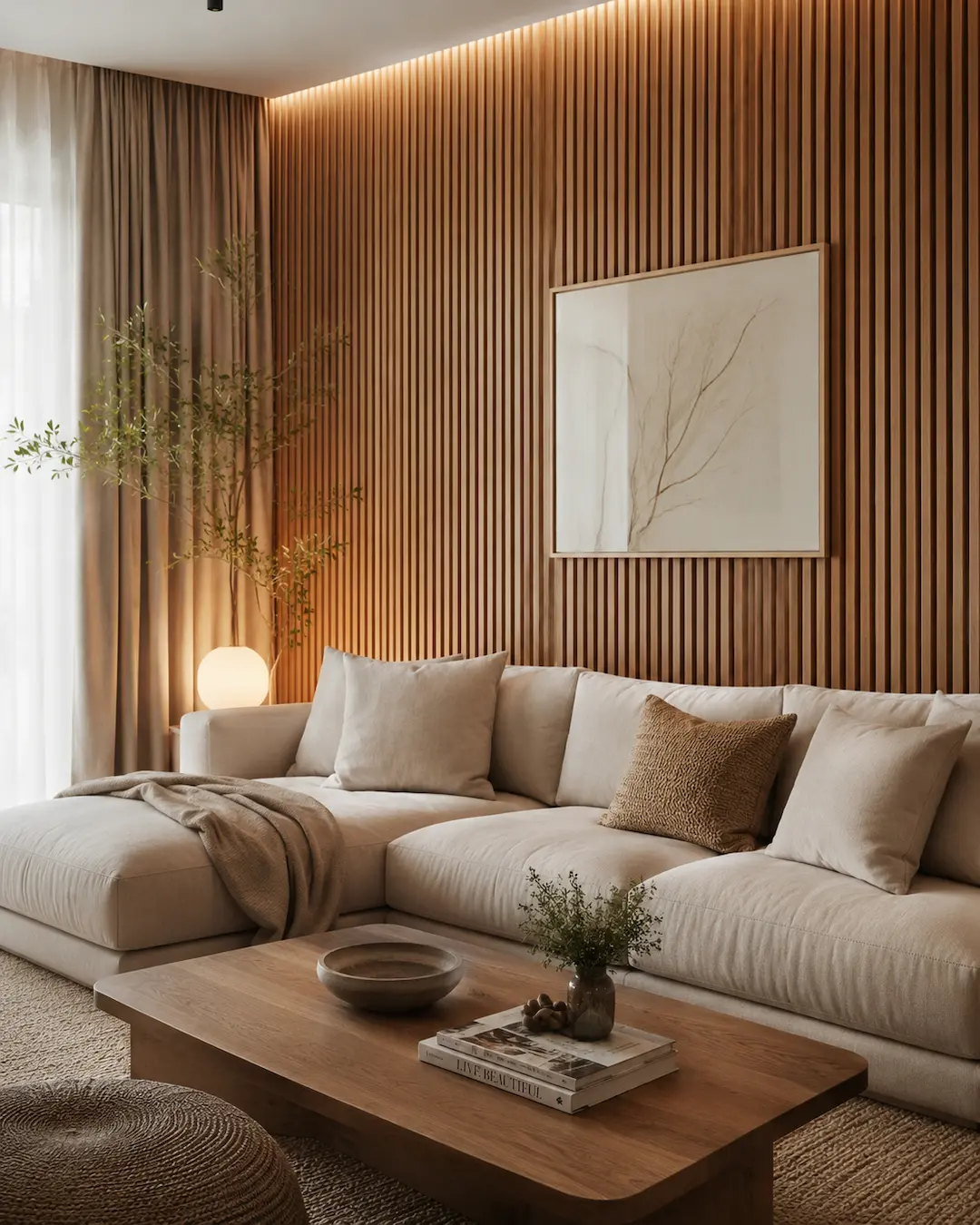 Listones de madera y palillería en la pared detrás del sofá