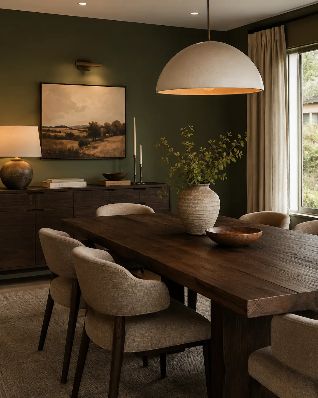 Muebles de madera oscura y pared en color verde