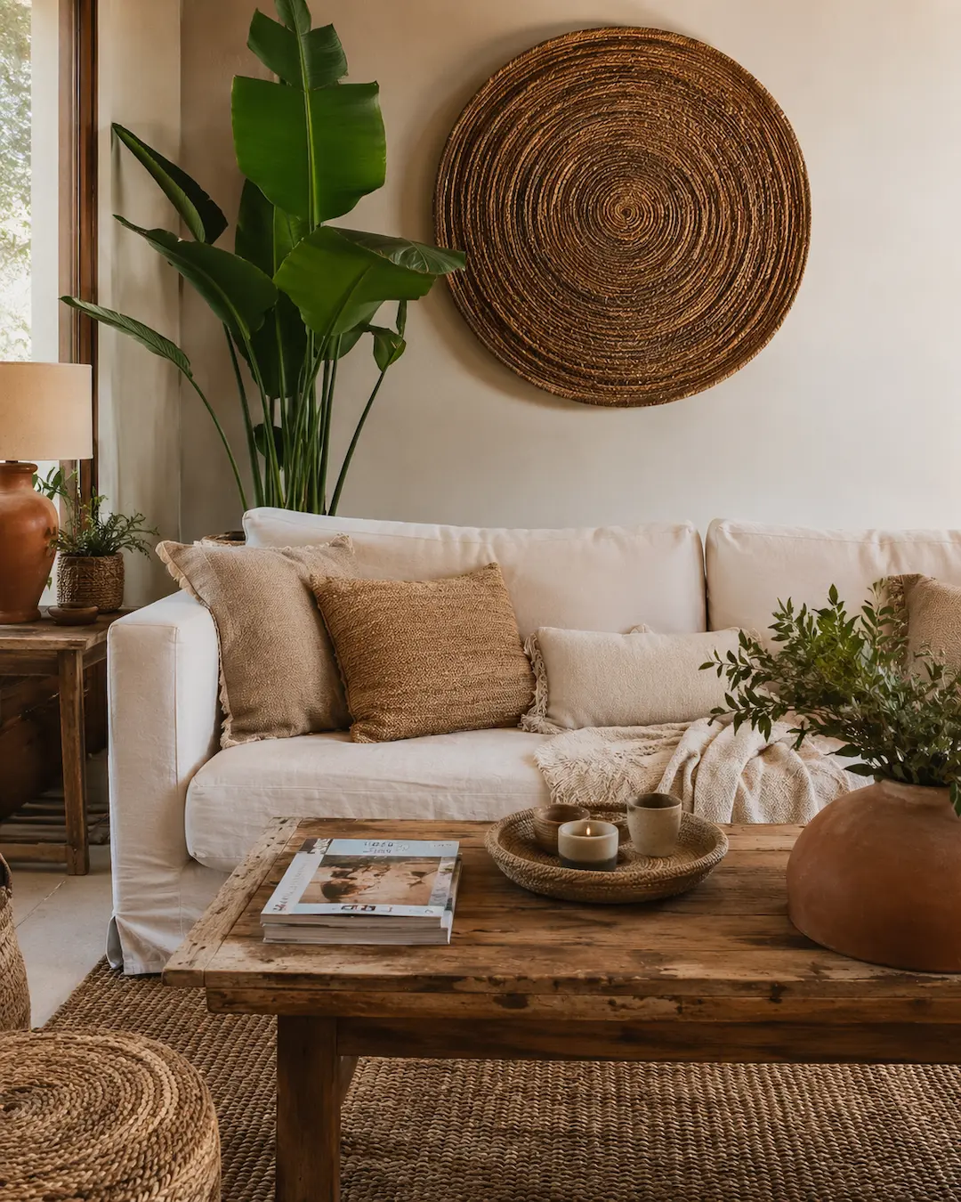 Plantas y fibras naturales en la pared del sofá