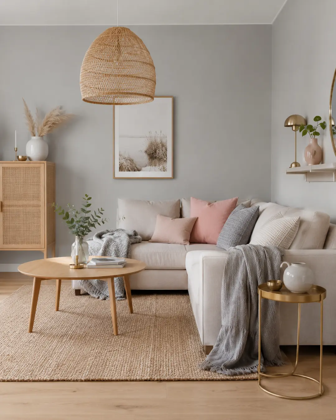 Decoración de interiores en gris y rosa