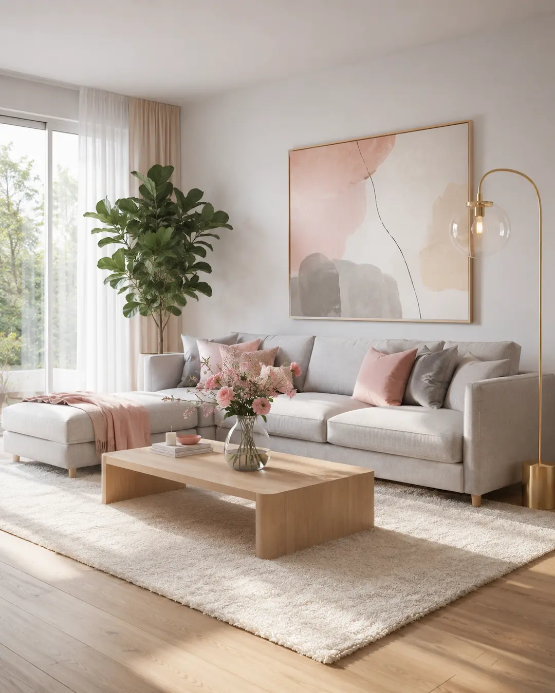 Salón gris y rosa