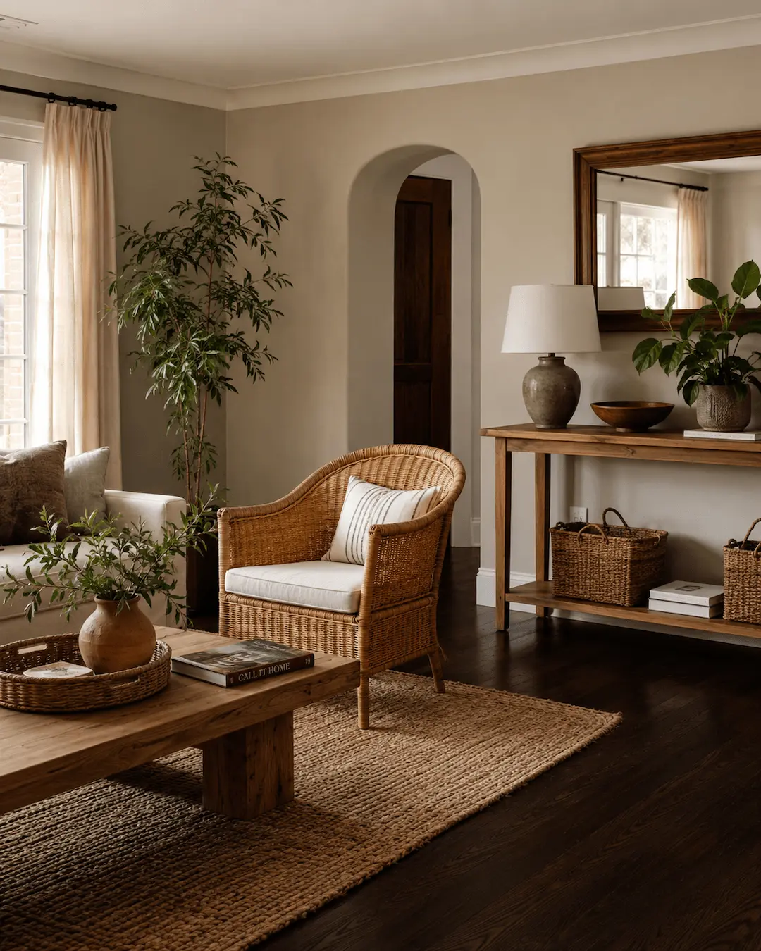 Muebles y accesorios en fibras naturales para decorar espacios con suelo oscuro