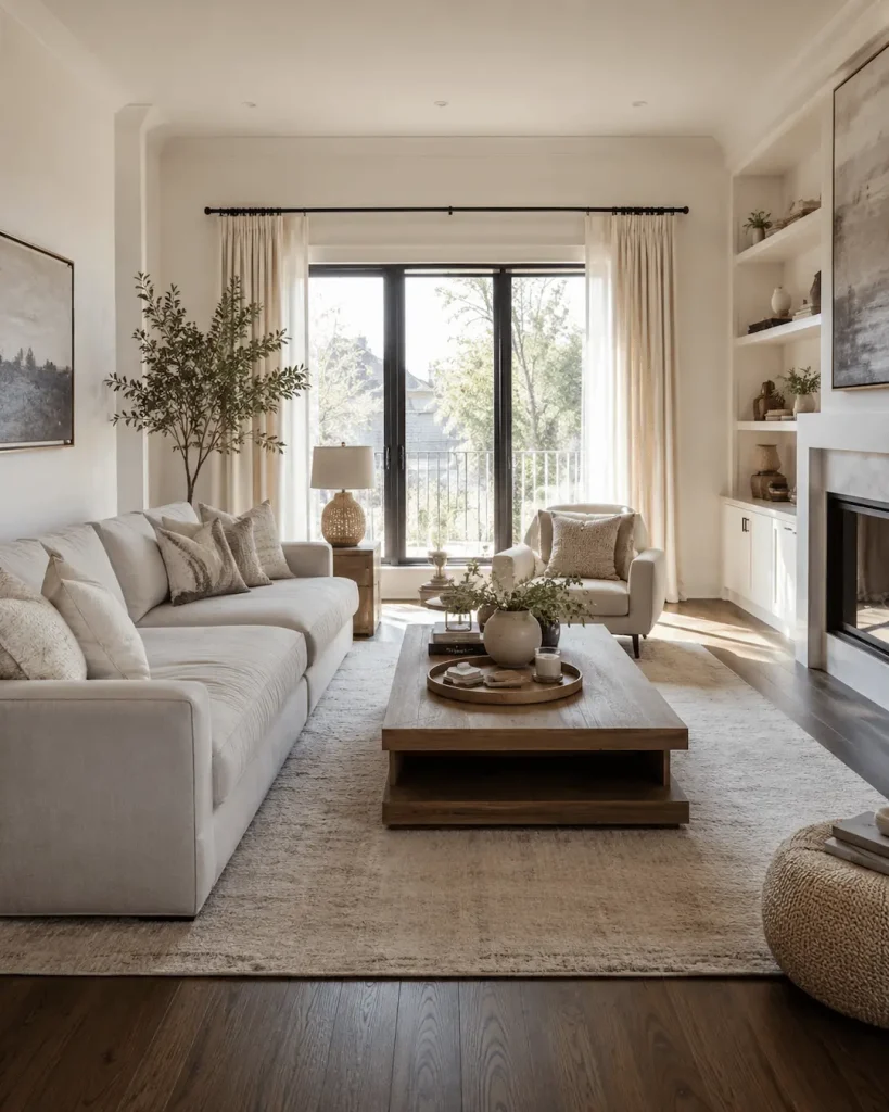 Salón pequeño con suelo oscuro y paredes claras