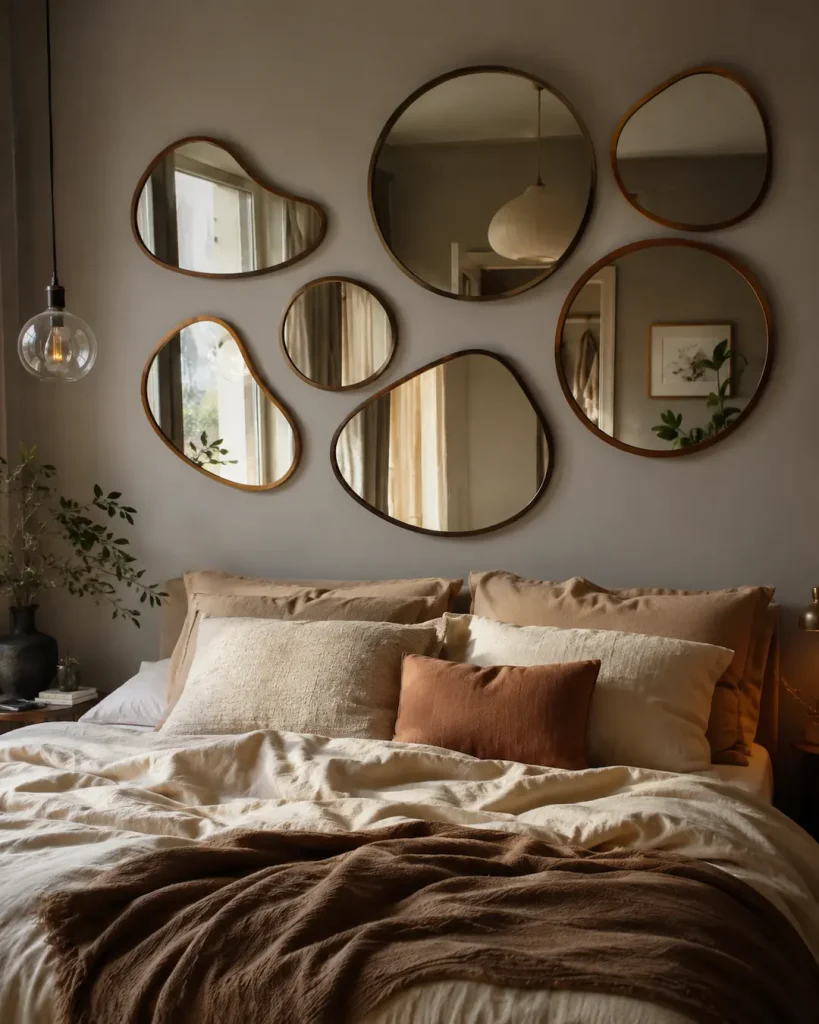 Pared de dormitorio con espejos decorativos
