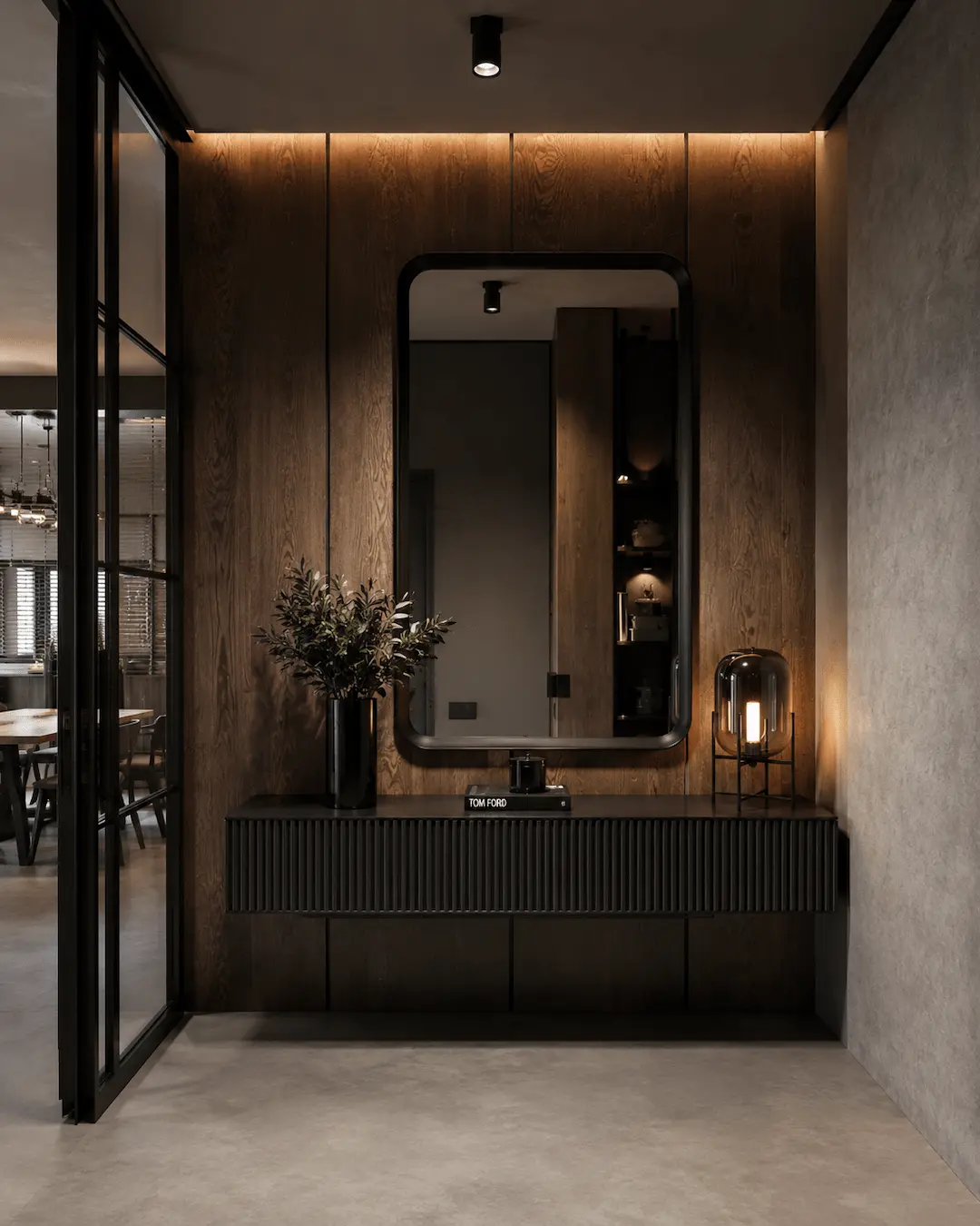 Recibidor estilo industrial con mucha madera