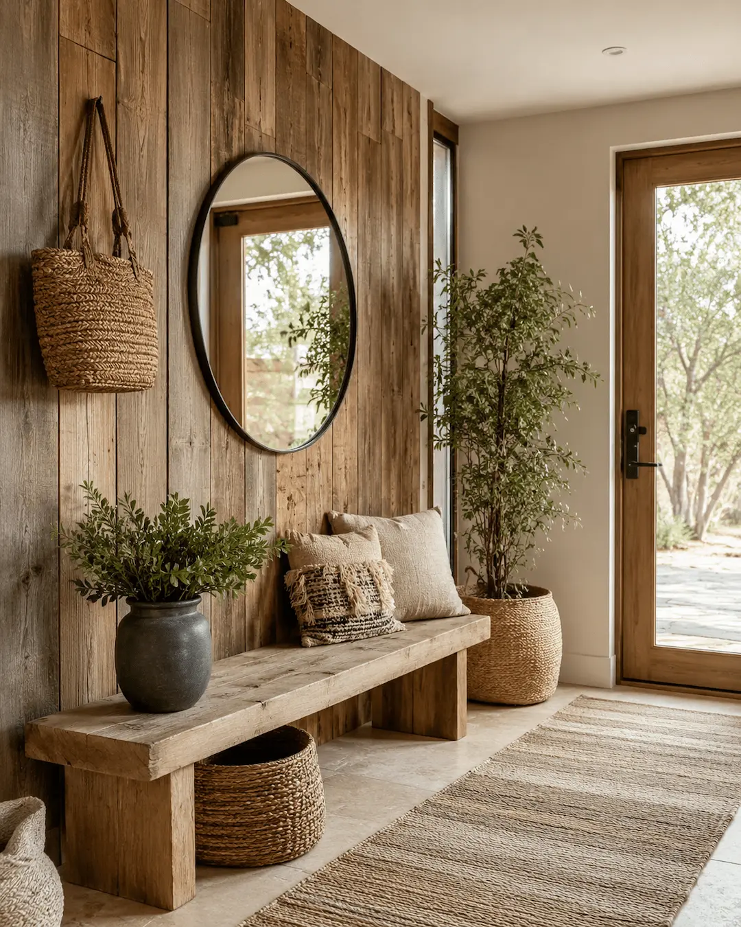 Recibidor con pared revestida en madera
