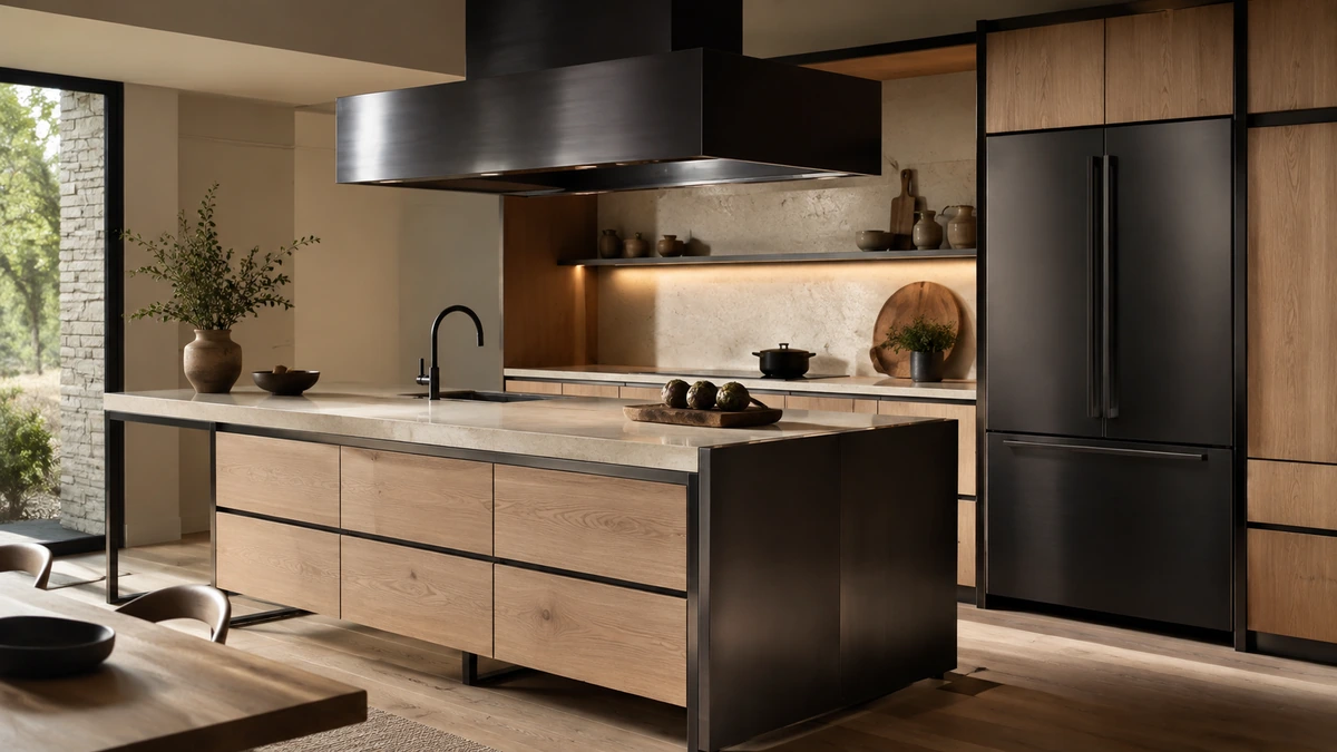 Cocina contemporánea con isla y electrodomésticos de acero inoxidable negro combinado con madera y piedra clara