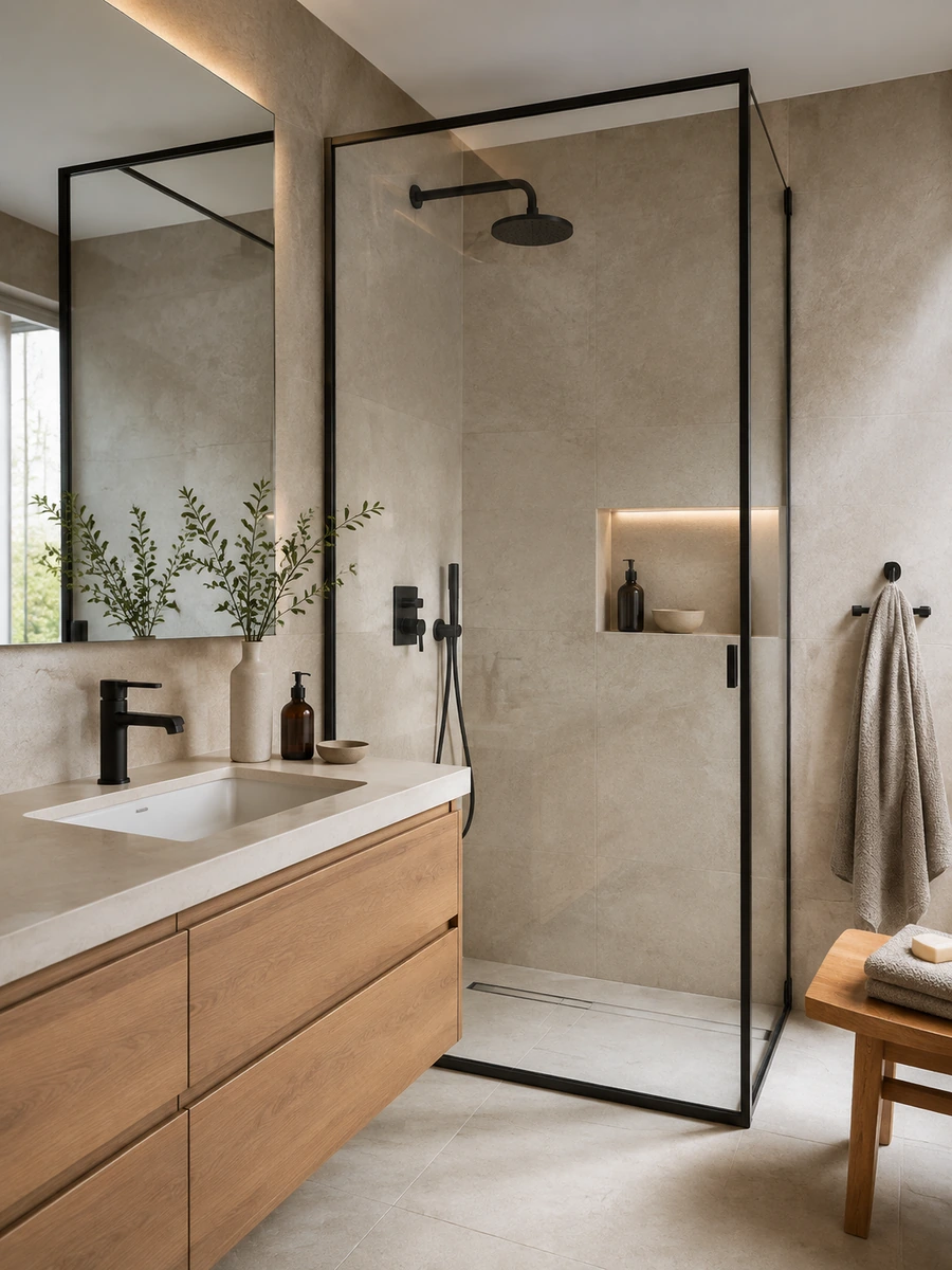 Baño moderno con mampara de vidrio, perfiles y grifería de acero inoxidable negro