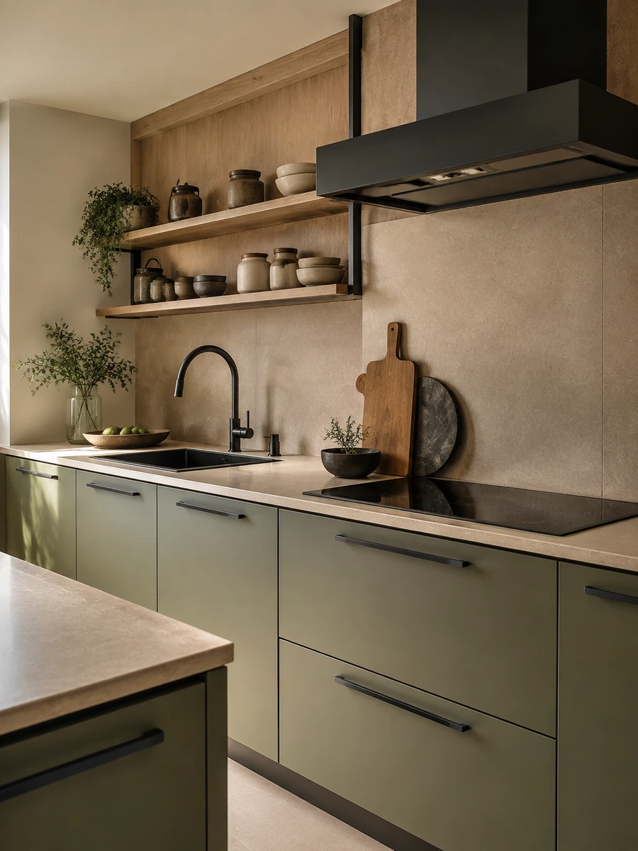 Cocina moderna con acero inoxidable negro en campana, grifería, tiradores y perfiles