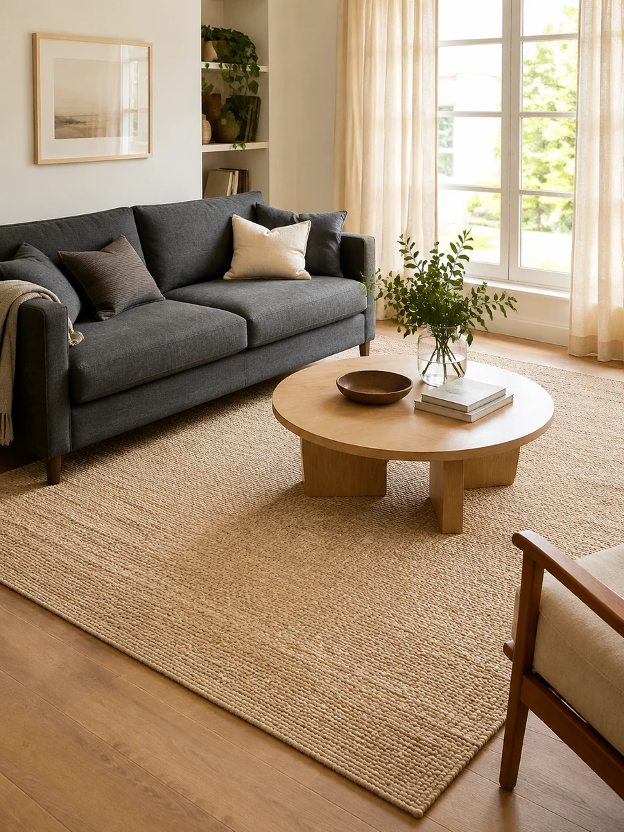 Alfombra beige de gran tamaño bajo un sofá gris oscuro y una mesa de centro de madera