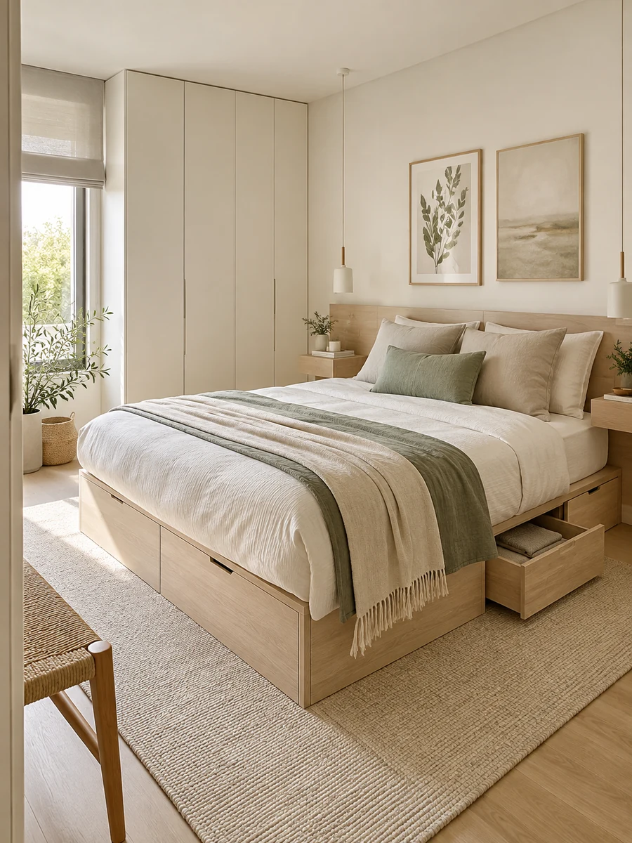 Dormitorio de matrimonio pequeño con almacenaje bajo la cama y muebles ligeros