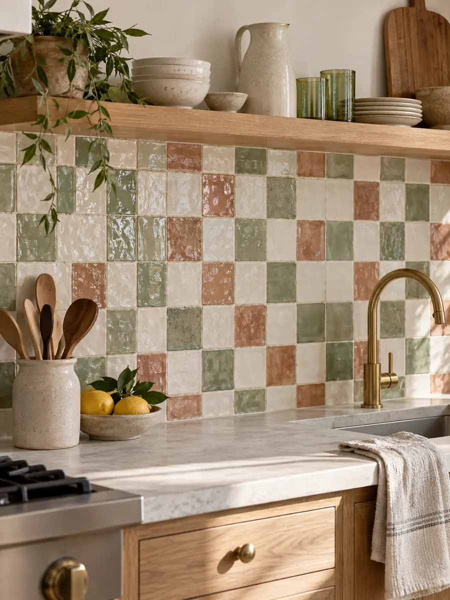 Frente de cocina con azulejos artesanales en tonos blanco, verde salvia y terracota