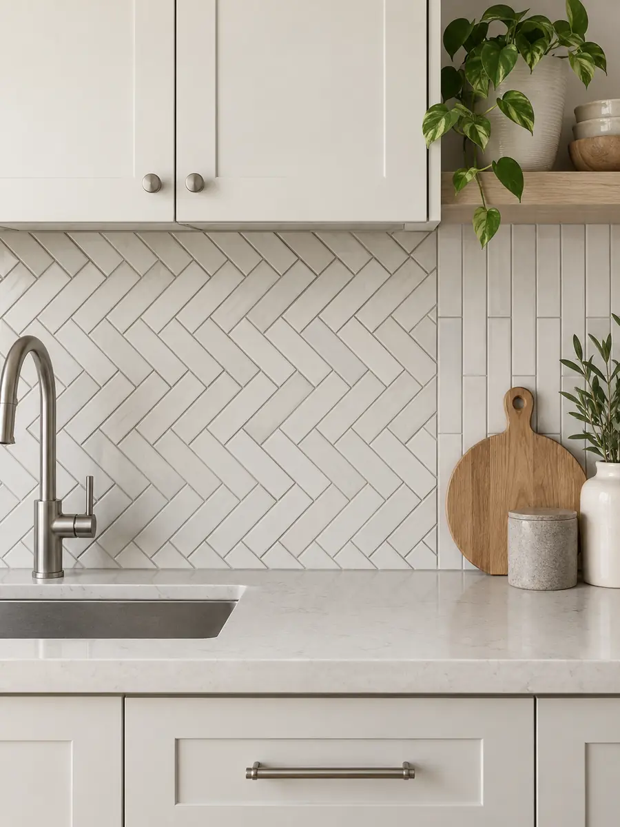Frente de cocina con azulejos blancos colocados en espiga y vertical