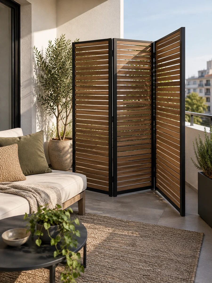 Biombo de paneles de madera que protege la intimidad de una terraza