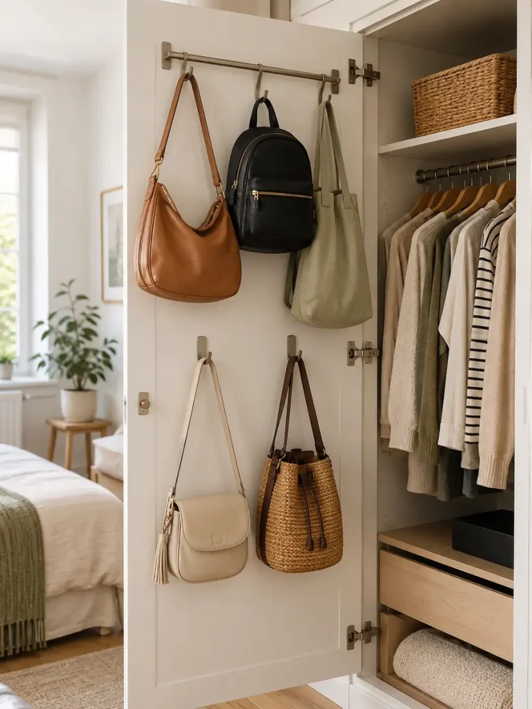 Bolsos colgados en la parte interior de la puerta del armario