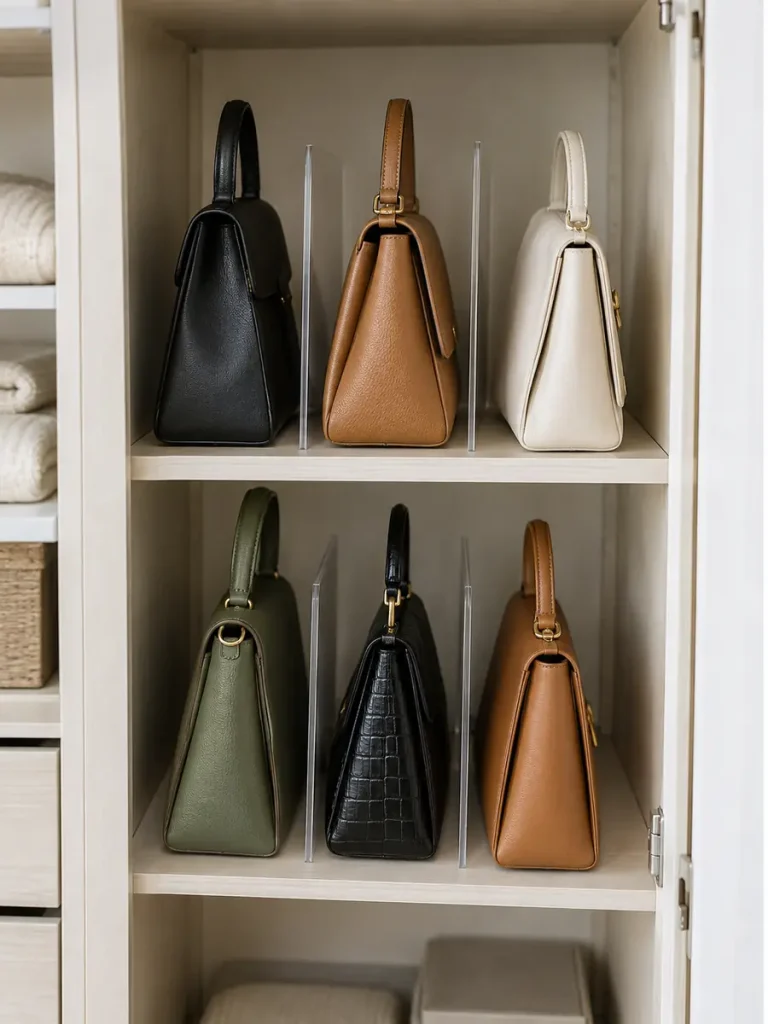 Bolsos colocados en vertical con separadores de estantería