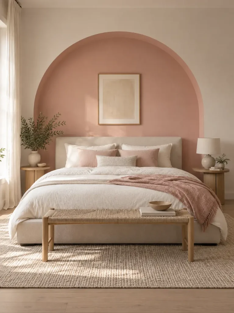 Dormitorio con arco pintado en rosa empolvado detrás de la cama