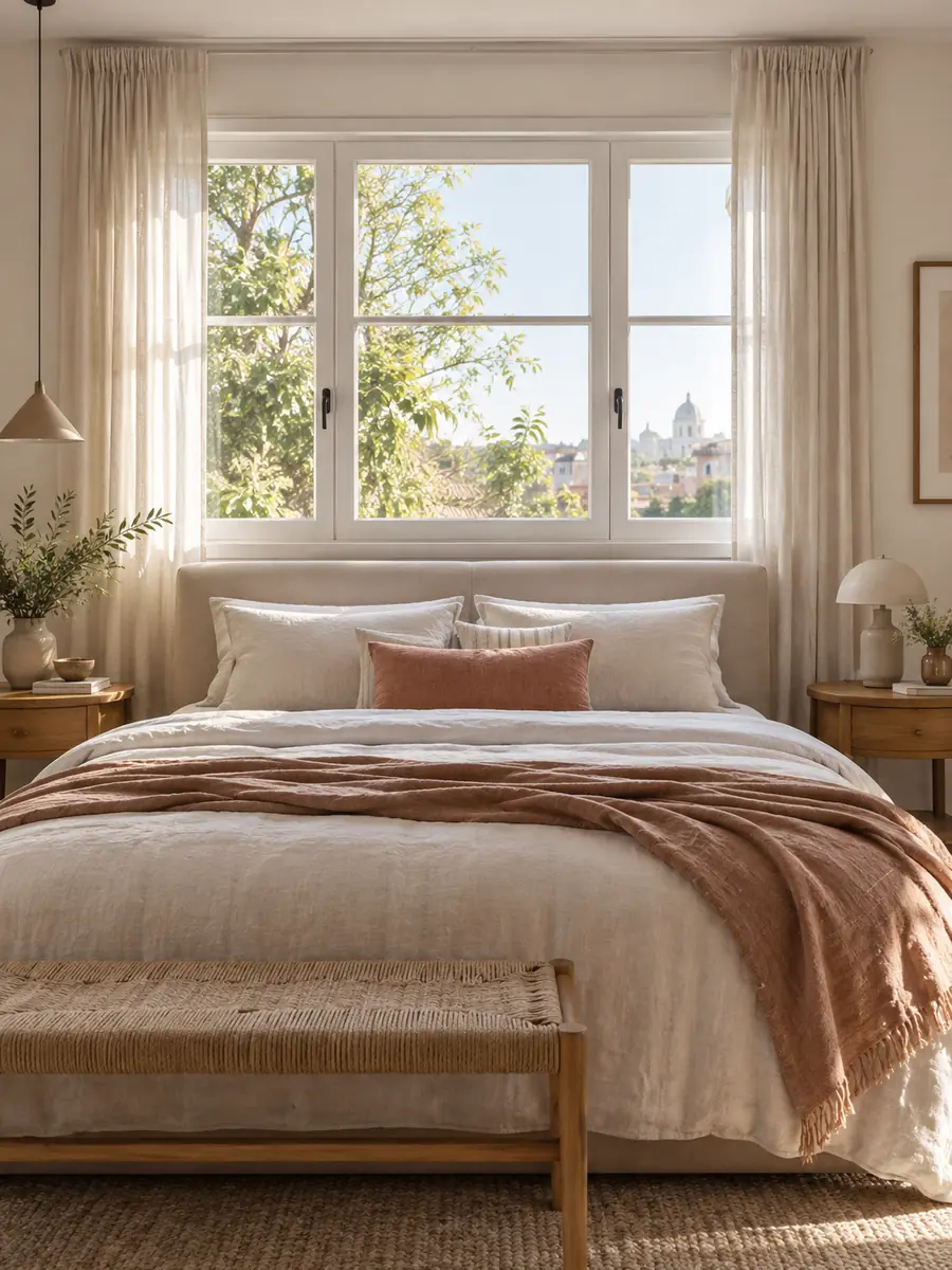 Cama doble bajo una ventana con cabecero tapizado bajo y cortinas ligeras
