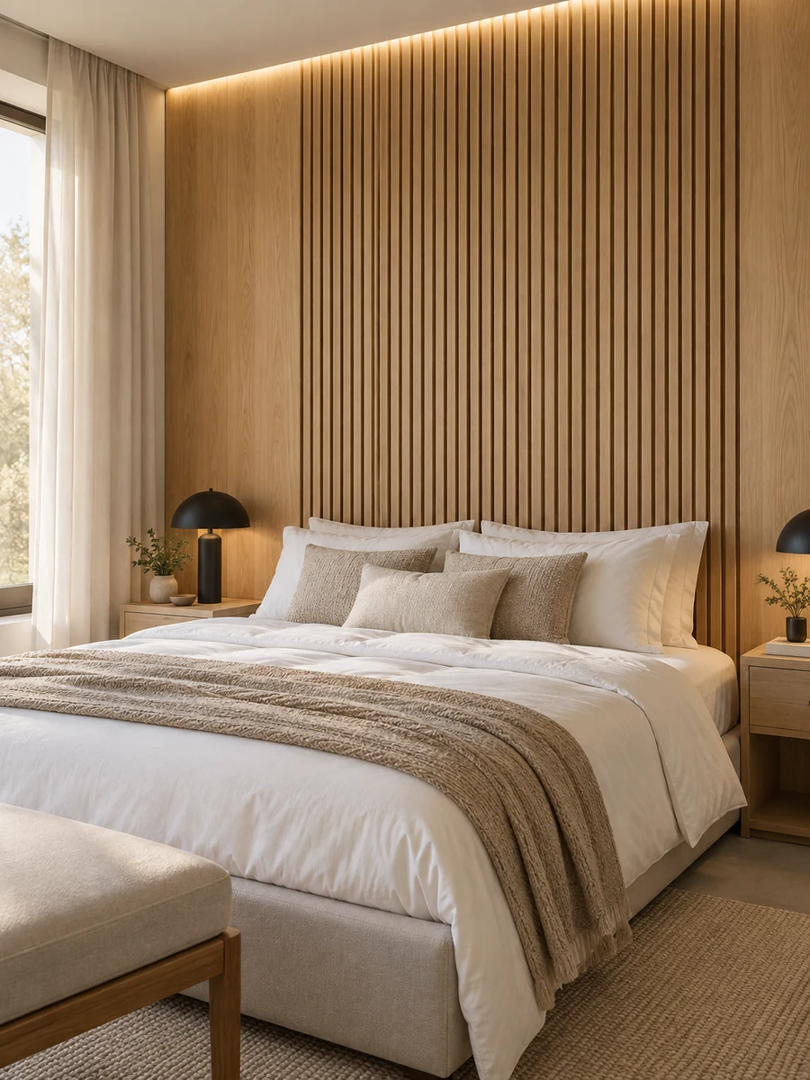 Cabecero de madera con listones verticales en un dormitorio de matrimonio moderno