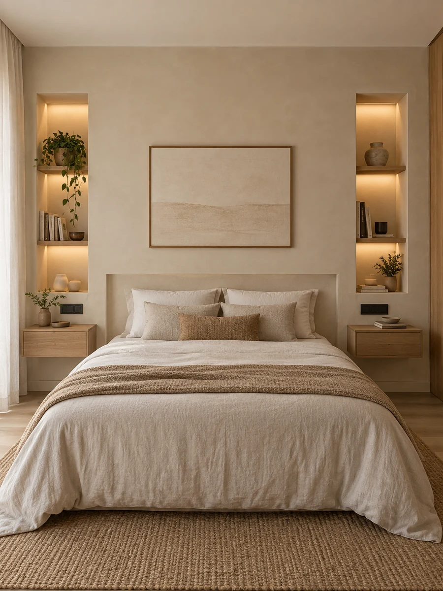 Cabecero de obra beige con mesillas integradas en un dormitorio moderno
