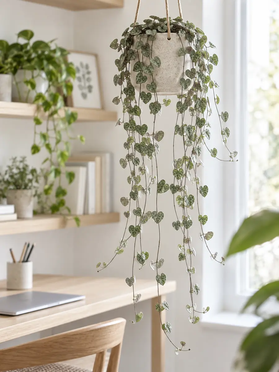 Ceropegia o cadena de corazones en una maceta colgante de cerámica