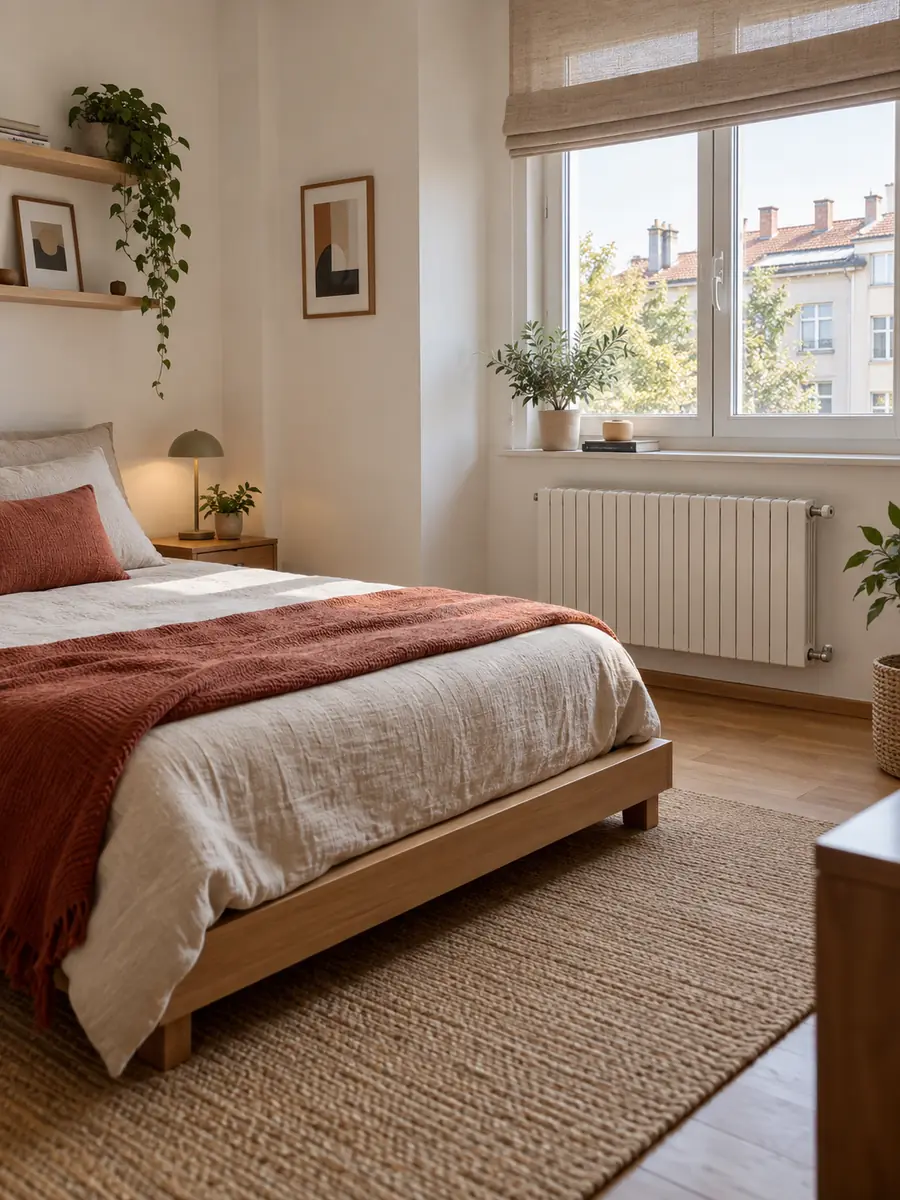 Dormitorio con cama próxima a una ventana y radiador con espacio de ventilación