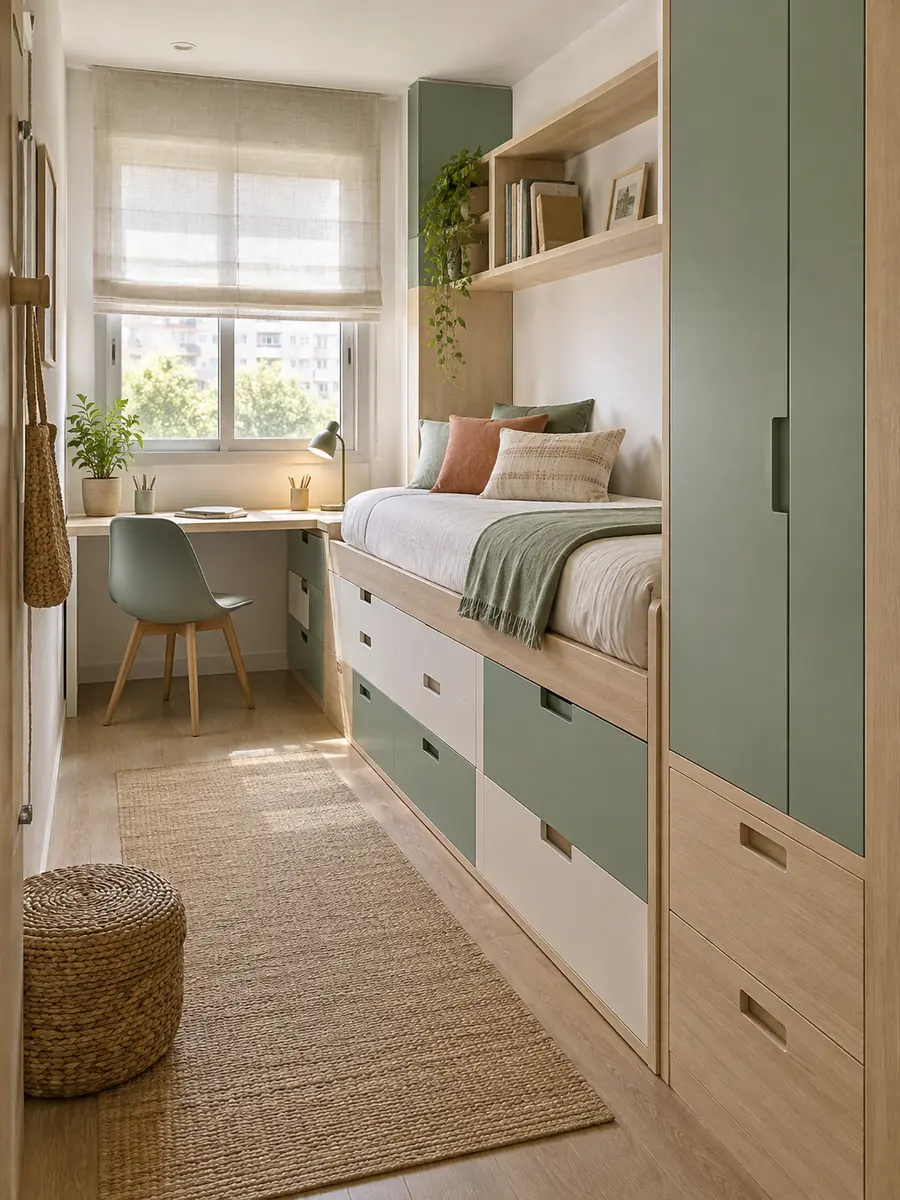 Cama compacta juvenil con cajones y almacenaje integrado en un dormitorio estrecho